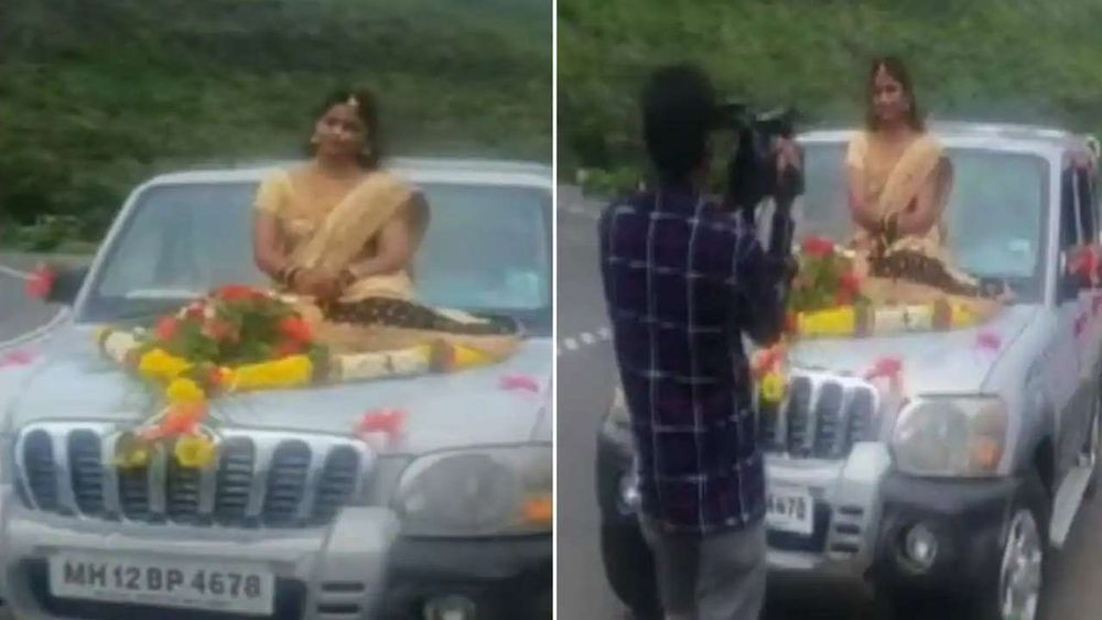 नवरी चक्क कारच्या बोनेट वर बसून निघाली.. या भन्नाट कल्पनेला पोलिसांनी ब्रेक कसा लावला?