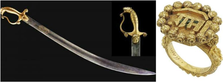 ३)	टिपू सुलतानची तलवार आणि ४) अंगठी 