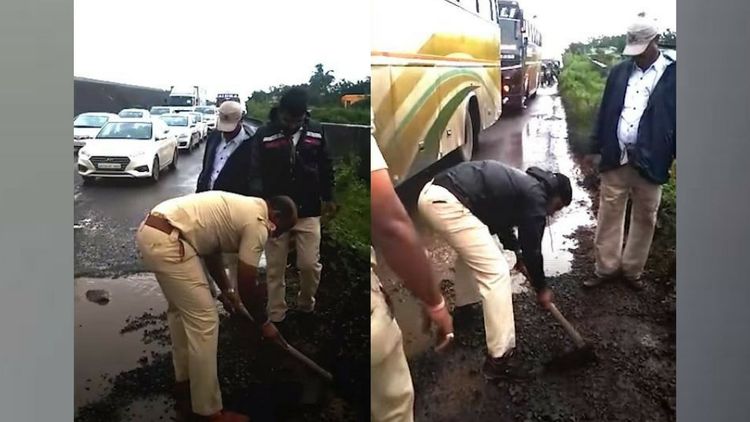 चक्क पोलिसांनी बुजवला रस्त्यावरचा खड्डा ? त्यांच्यावर हे काम करण्याची वेळ का आली ?