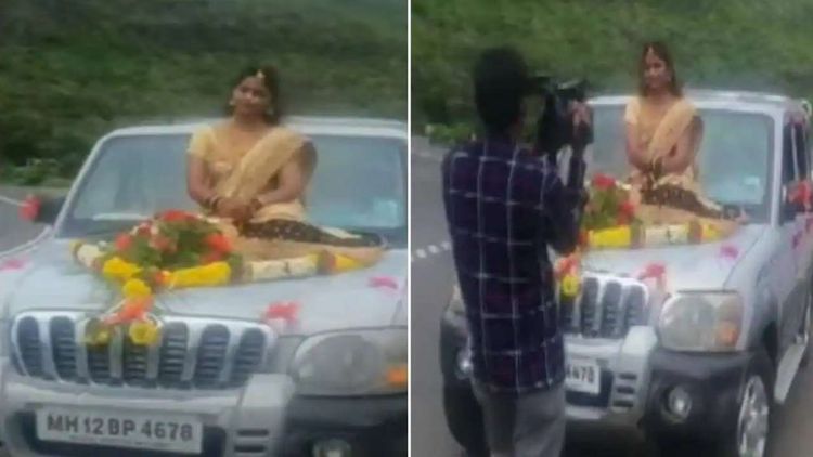नवरी चक्क कारच्या बोनेट वर बसून निघाली.. या भन्नाट कल्पनेला पोलिसांनी ब्रेक कसा लावला?