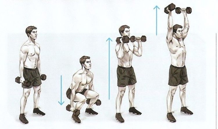 २. स्क्वॉट, कर्ल आणि पुश प्रेस