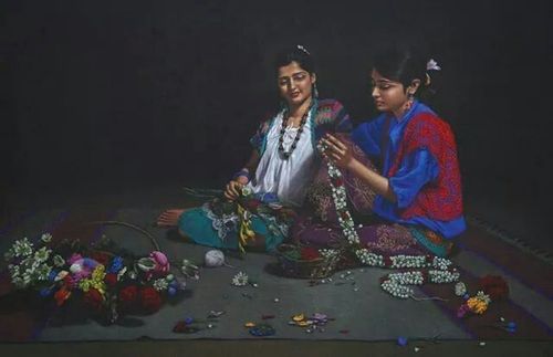 फुलं ओवणार्‍या मुली